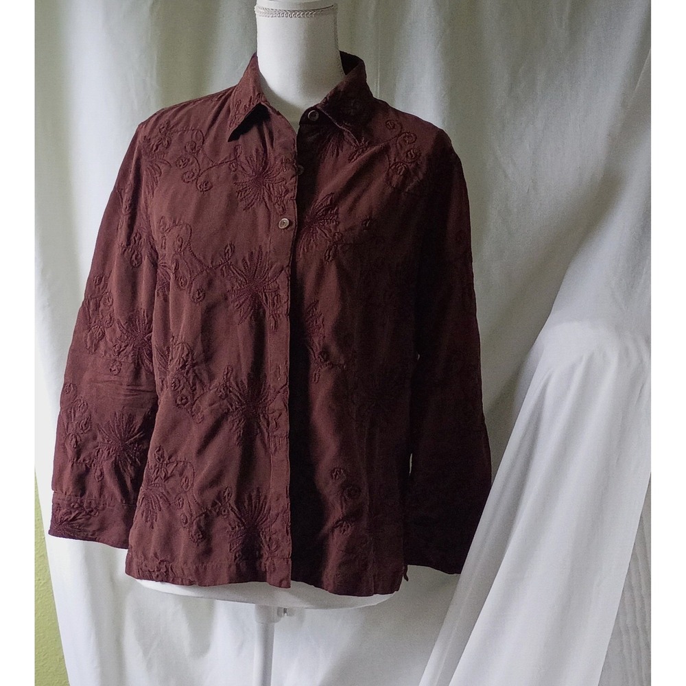 Espresso Brown Vintage Collegiate Silk Cotton Embroidered  Shirt Brown  Size 12 - Picture 2 of 6